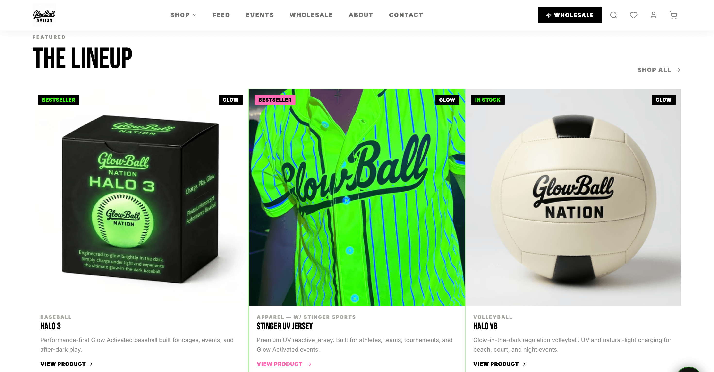 GlowBall Nation's online store built on Hercules, with a shifting blacklight background and glow-in-the-dark baseball gear for sale