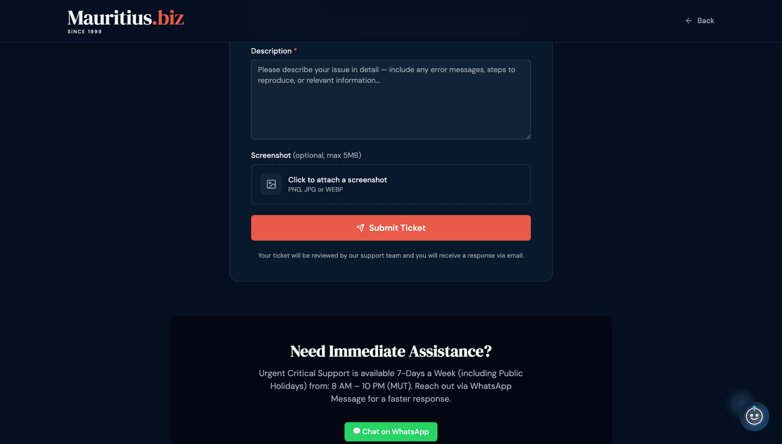 The branded support ticket form Jude built inside mauritius.biz, with a screenshot upload, Submit Ticket button, and a WhatsApp option for urgent help