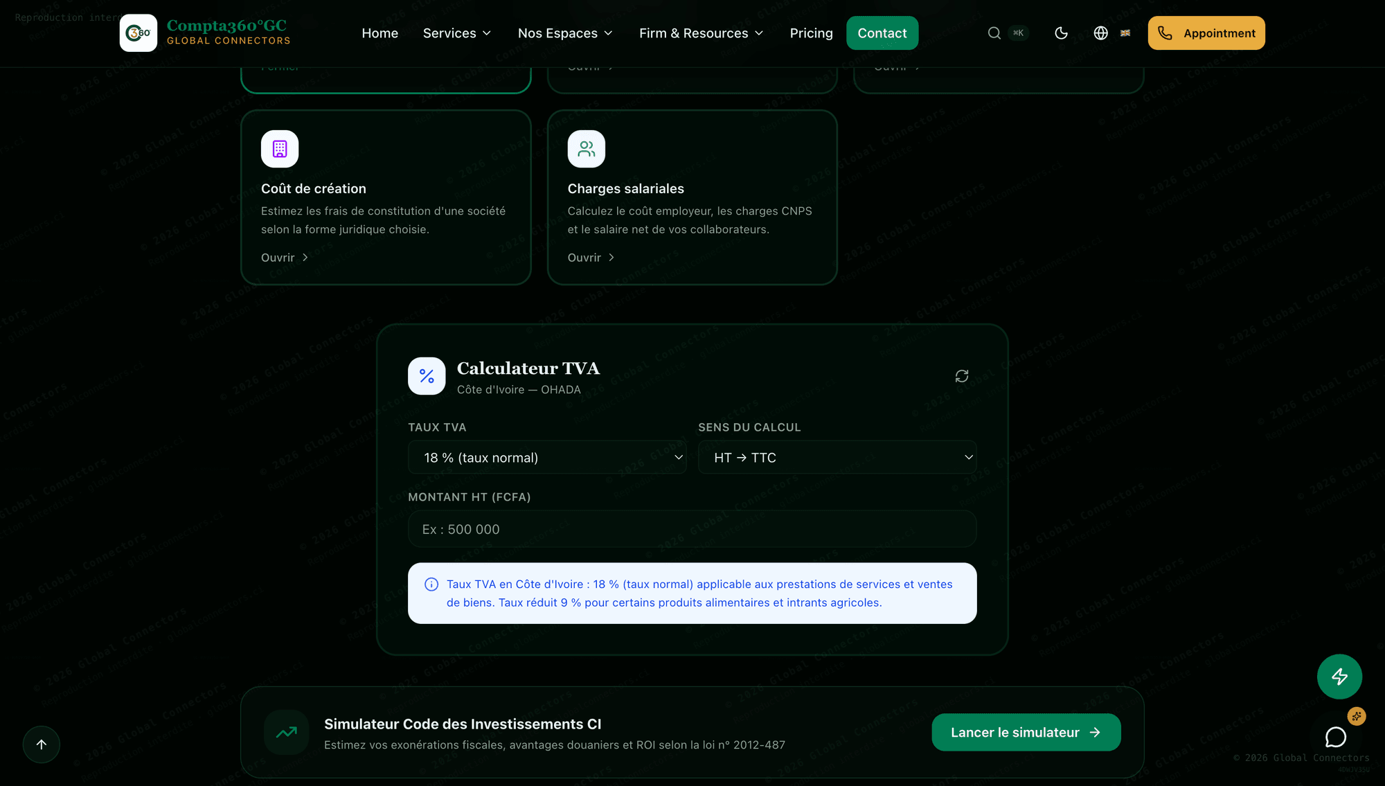 The public Compta 360 site built on Hercules, showing its Cote d'Ivoire VAT calculator set to the 18% standard OHADA rate, alongside company-formation cost and payroll-charge calculators