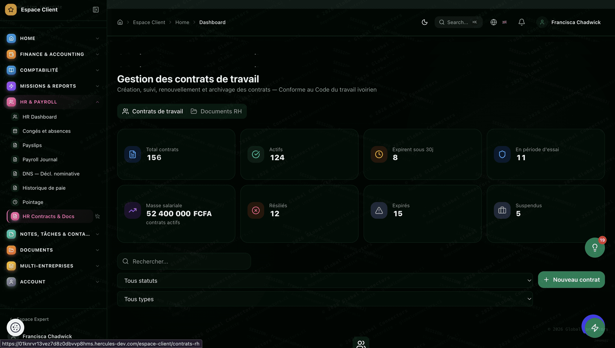 The Compta 360 HR module built on Hercules for managing employment contracts, showing total, active, expiring, and terminated contracts alongside payroll mass, compliant with the Ivorian labor code
