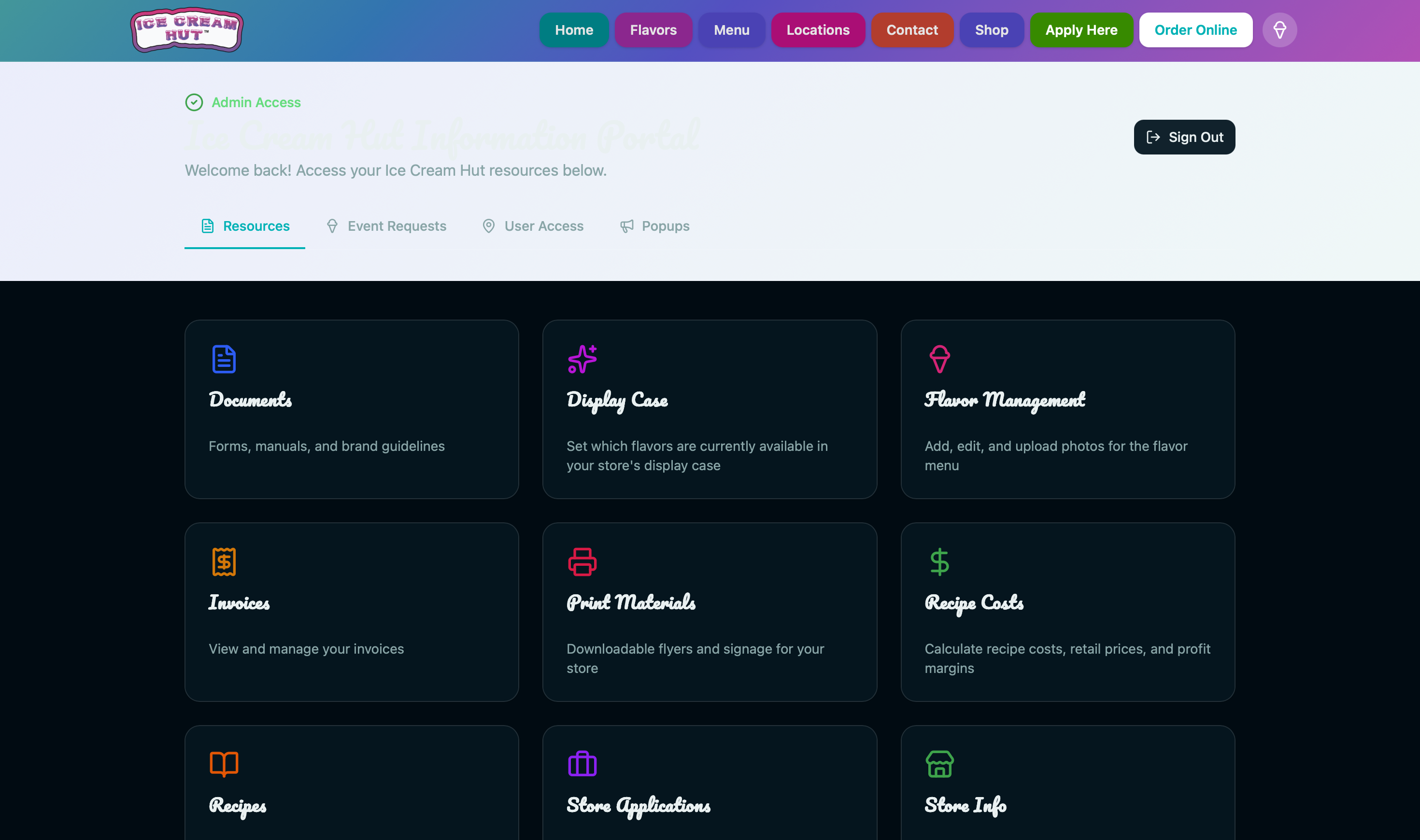 The Ice Cream Hut admin portal built on Hercules, with modules for documents, the display case, flavor management, invoices, print materials, recipe costs, recipes, store applications, and store info